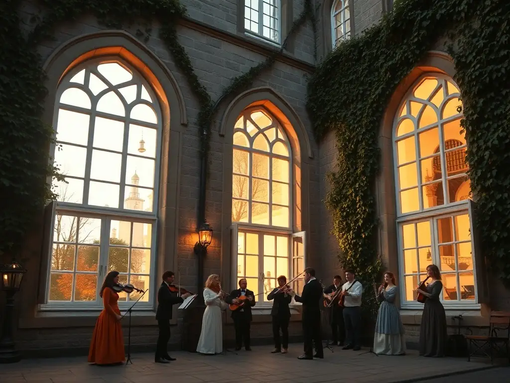 An evocative image showcasing a beautifully restored historic building in the Trégor region, with musicians performing early music within its walls during a RENCONTRES INTERNAT MUSIQUE ANCIENNE TRE event.