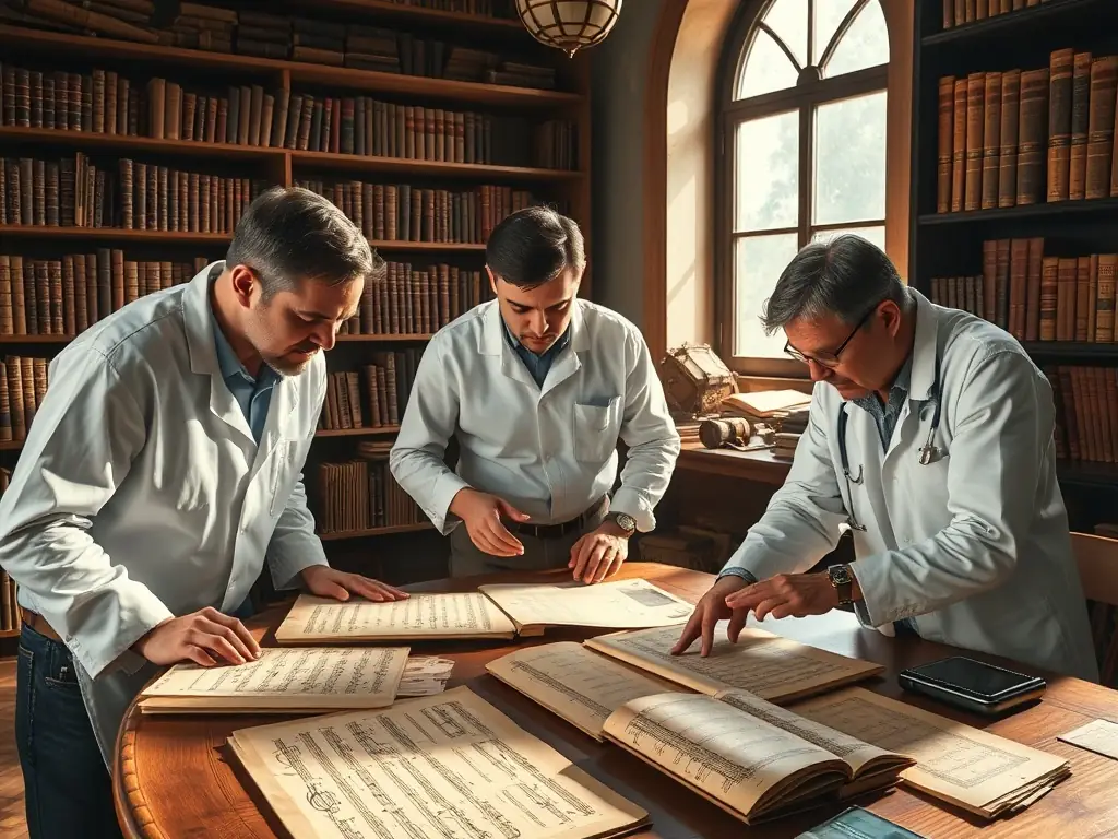 A vibrant scene from one of RENCONTRES INTERNAT MUSIQUE ANCIENNE TRE's musicology research project presentations, showcasing researchers engaged in discussions and analysis of historical musical scores.