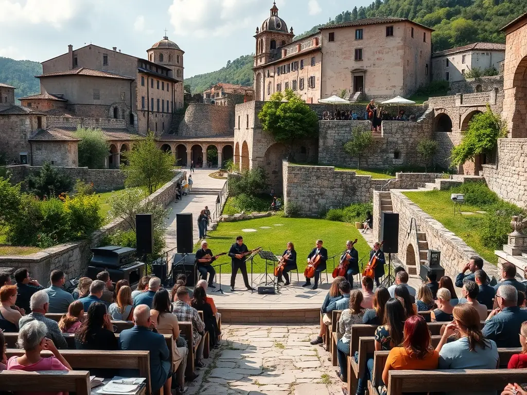 An inspiring image showcasing a cultural event taking place within a stunning architectural site in the Trégor region, highlighting the integration of music and heritage.
