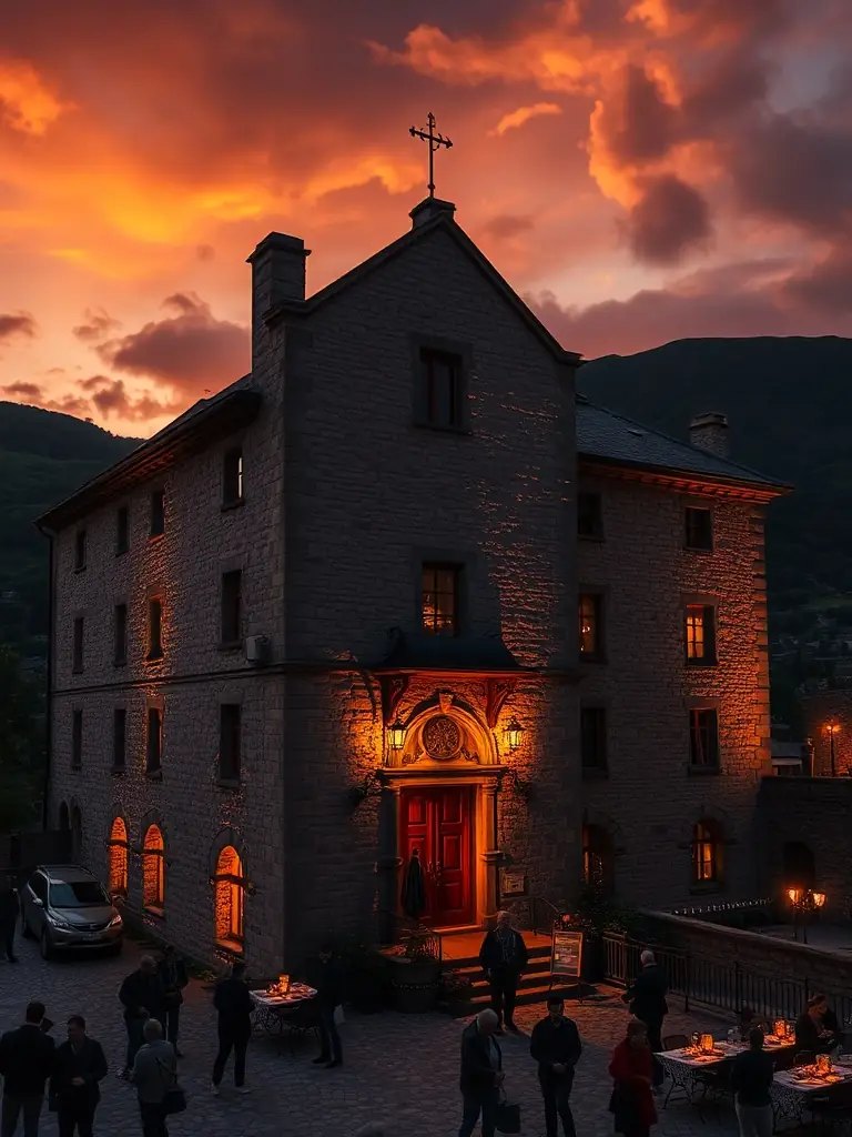 A beautifully lit historic building in the Trégor region, serving as the backdrop for a cultural event, showcasing the architectural heritage.