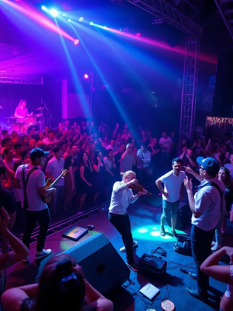 A lively scene of musicians performing during a festival with an attentive audience, capturing the energy and community engagement of educational workshops and festivals.