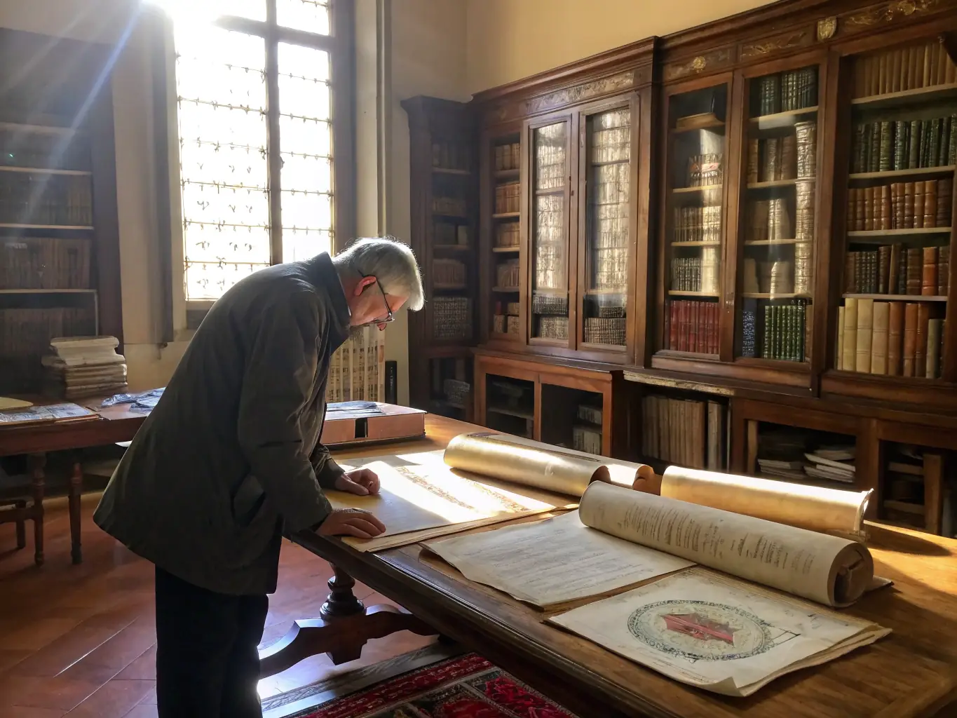 A vibrant image depicting a musicology research team analyzing ancient musical scores in a historical library setting, emphasizing the scholarly aspect of RENCONTRES INTERNAT MUSIQUE ANCIENNE TRE's work.