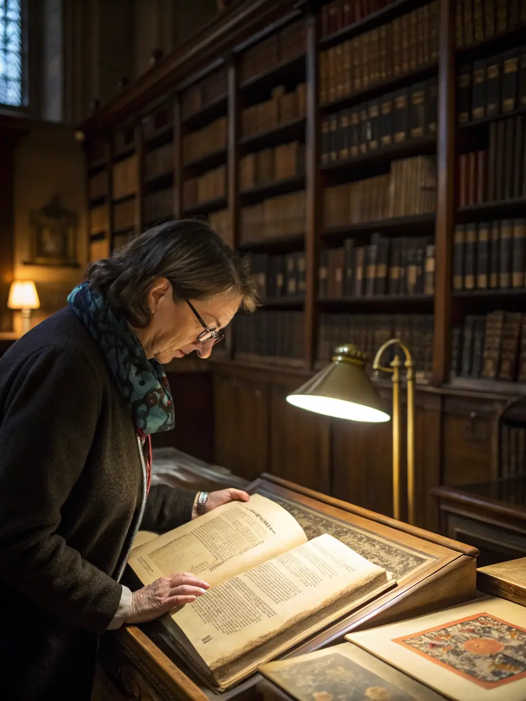 A researcher meticulously examining an ancient musical score in a dimly lit, historic library, surrounded by stacks of aged manuscripts.