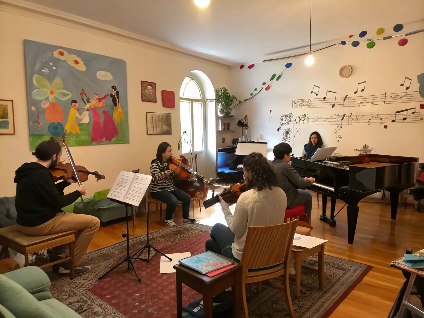 A lively image showing participants of all ages engaged in an educational workshop on early music, set against the backdrop of a beautifully restored historical building.