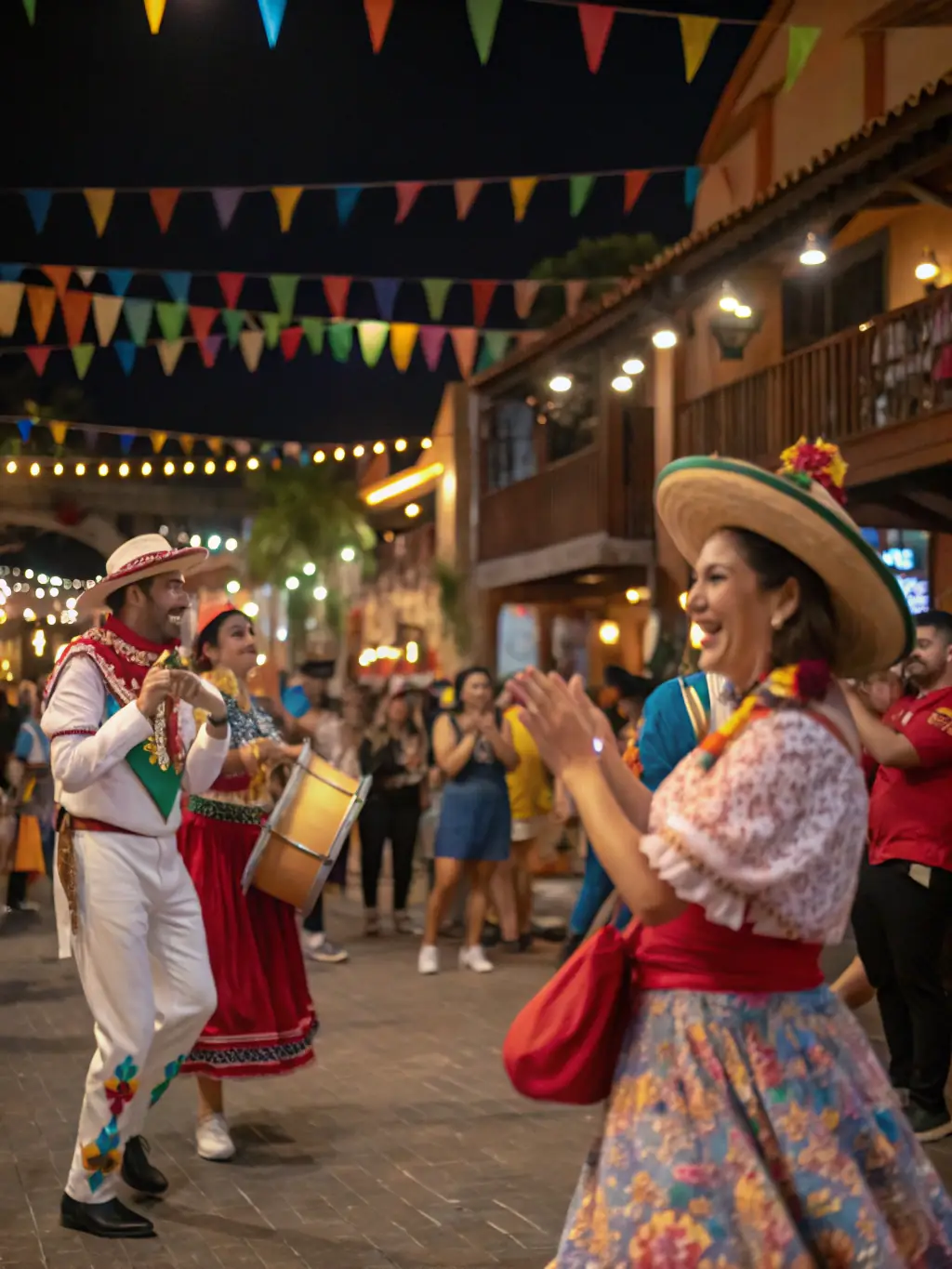 A vibrant scene from a music festival, featuring musicians playing historical instruments and an engaged audience enjoying the performance.