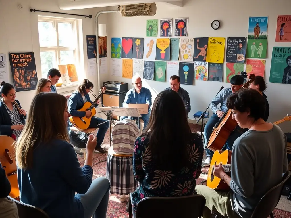 A lively photograph capturing participants in one of RENCONTRES INTERNAT MUSIQUE ANCIENNE TRE's educational workshops, featuring musicians and attendees actively engaged in learning and playing early musical instruments.