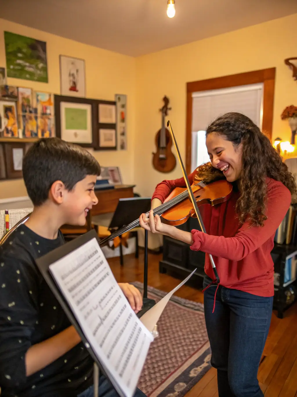 A group of students participating in a hands-on workshop, learning to play historical musical instruments under the guidance of an expert instructor.