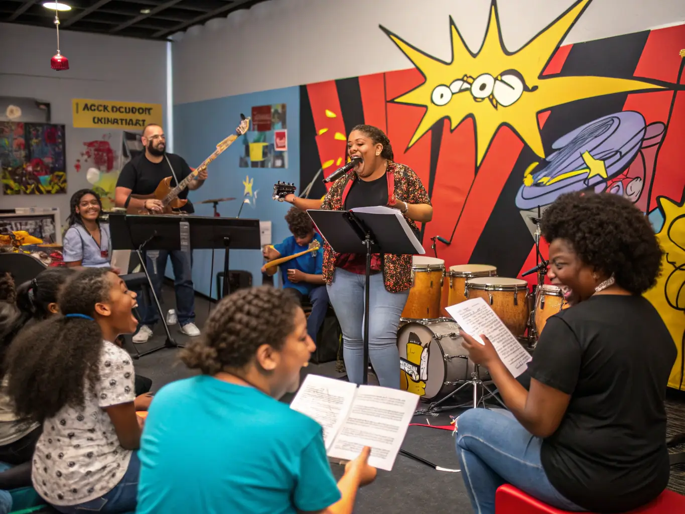 A vibrant scene from one of the educational workshops, with participants actively engaged in learning about early music instruments and techniques.